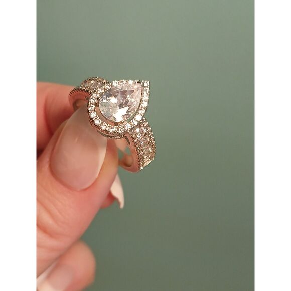 Women's 3.50Ct Pear-Cut Lab Diamond Halo Engagement Ring – 14K White Gold Plated - Picture 2 of 14